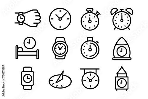 Time and Lifestyle Icons. Time and Lifestyle. Line outline icon set of Time and Lifestyle: wristwatch on wrist