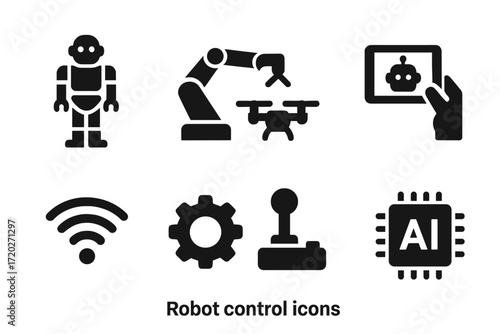 Robot Control Icons. Robot control. Filled icon set of robot control: humanoid robot, robotic arm, drone,