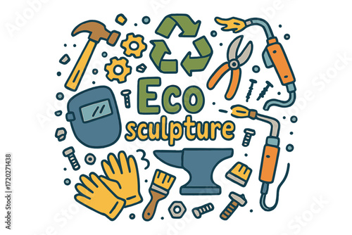 Eco Sculpture Doodle. Eco sculpture. Hand-drawn doodle illustration of eco sculpture. Recycled parts, gears,