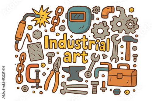 Industrial Art Doodles. Industrial art. Hand-drawn doodle illustration of industrial art. Welding torch, mask,