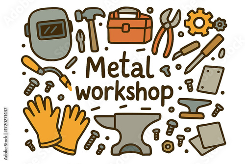 Metal Workshop Doodle. Metal workshop. Hand-drawn doodle illustration of metal workshop. Welding mask, hammer,