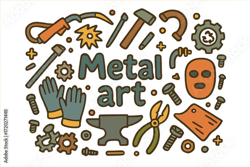 Metal Art Doodle. Metal art. Hand-drawn doodle illustration of metal art. Welding torch, hammer, chisel,