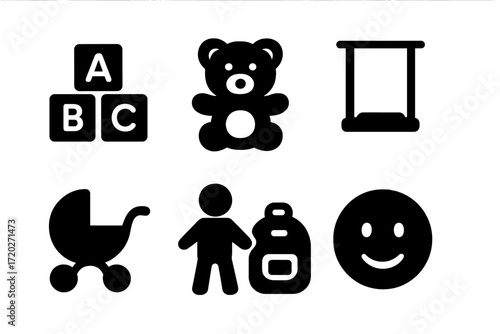 Childhood Icon Set. Childhood. Filled icon set of childhood: toy blocks, teddy bear, swing, ball, stroller,