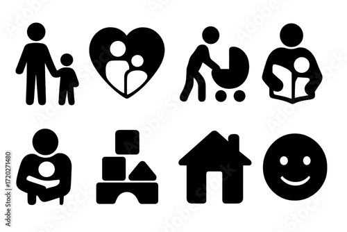 Child-Parent Bond Icons. Child-parent bond. Filled icon set of child-parent bond: holding hands, heart,