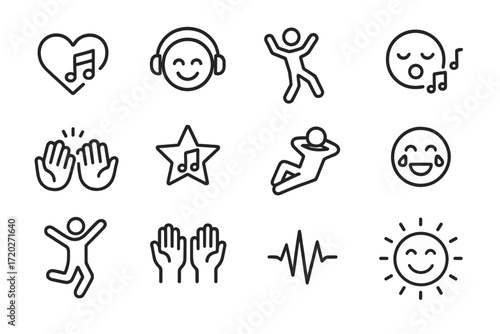Music Emotion Icons. Music Emotions. Line outline icon set of Music Emotions: heart with music, smiley face