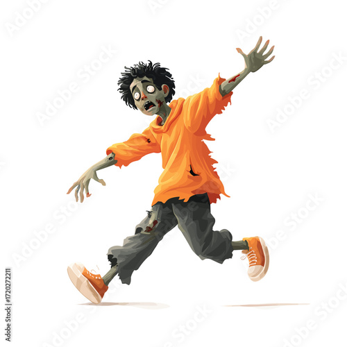 Zombie character walking in tattered clothes with orange hoodie  