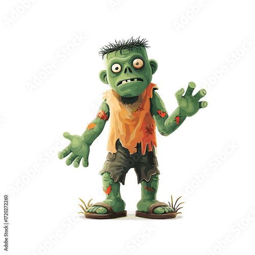 Cartoon zombie character with green skin and torn clothes  