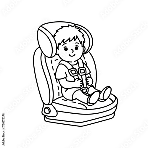 Child sitting in car seat with seatbelt in simple outline design  