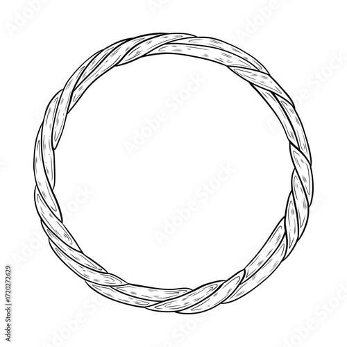 Vector round vine wreath. The wreath is a base for floral arrangements, bouquets, and frames. The frame has space for text. Hand-drawn graphic illustration, black and white drawing. Ink drawing.