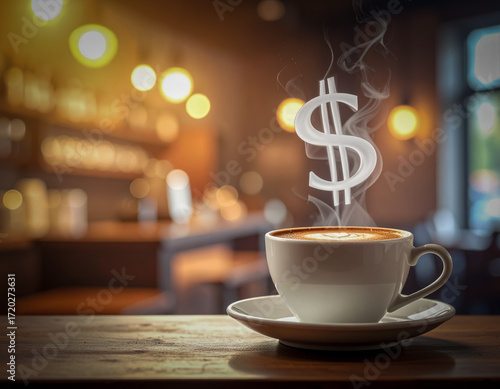 A steaming coffee cup in a cafe, with a dollar sign emerging from the steam, symbolizing the rising cost or value associated with coffee consumption