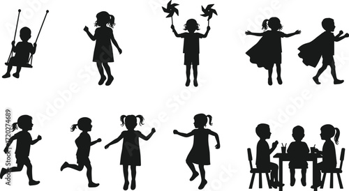 children, kids, play, fun, joy, silhouette, swing, pinwheel, cape, walking, running, dancing, jumping, sitting, table, group, interaction, black, vector, illustration