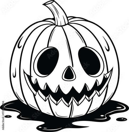 Vector art of a spooky, grinning jackolantern carved for halloween, sitting in a puddle of dark liquid, isolated on a