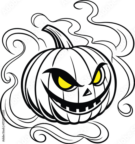 Vector art of scary jack o lantern with glowing eyes and smoke swirling around it
