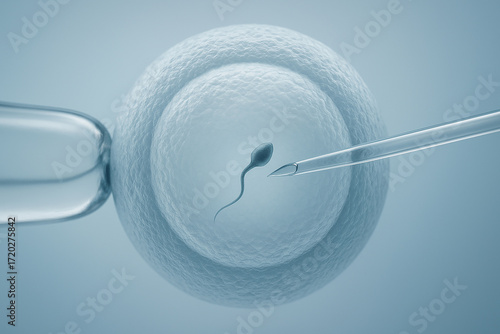 Closeup macro of intracytoplasmic sperm injection into oocyte under microscope. Medical and biological illustration for science, fertility treatment, laboratory, and healthcare use.