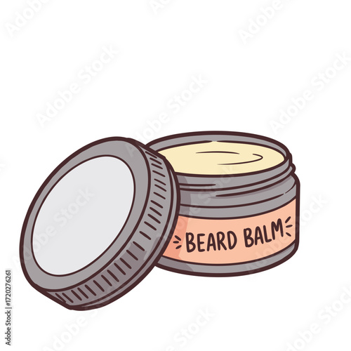 Beard balm container with lid opened and cream visible  