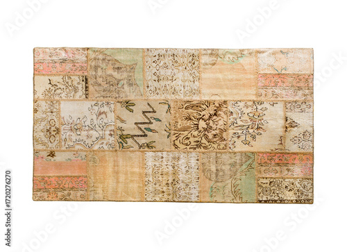 Top view of traditional hand knotted Turkish patchwork area rug