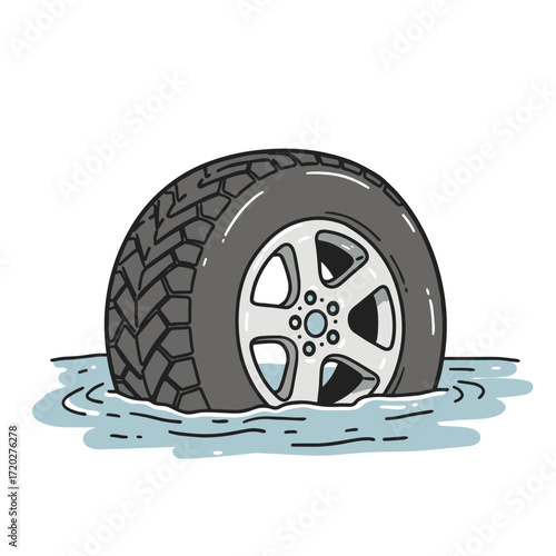 Car tire in deep water floating on surface of calm blue water  