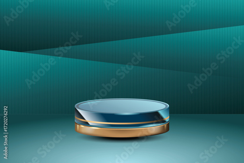 Backdrop illustration for advertising goods, products, museum expansions. Simple blue light background. Glass arch with rounds blue and golden podium