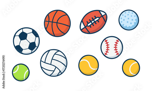 Sports Balls Vector Set Basketball, Soccer, Volleyball, Baseball, Tennis, Football, Golf Minimal Flat Icons, easily editable and scalable.