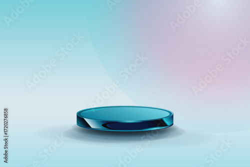Minimalist 3D blue glass Cylindrical Podium on Pastel Backdrop for Product Display and Branding