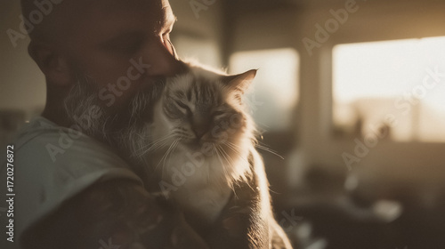 Bearded man cuddling fluffy cat in warm sunset light, tender portrait