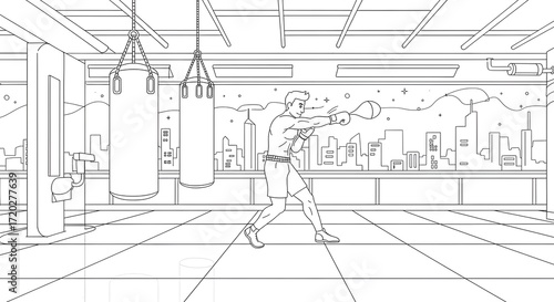 Black and white line art illustration of a muscular boxer training in a modern gym with a city skyline view