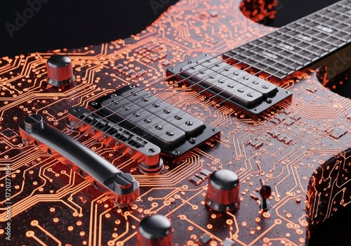 Cybernetic Riff: A High-Tech Electric Guitar with an Intricate Glowing Copper Circuit Board Body.