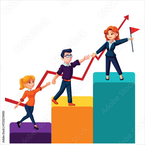 Successful businessman holding trophy on highest podium with diverse team celebrating achievement and striving for success isolated on transparent background 