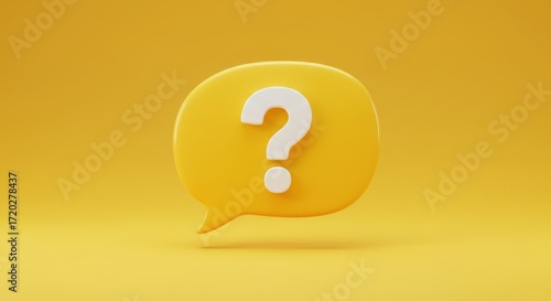 A 3D rendered yellow speech bubble with a white question mark against a vibrant yellow background