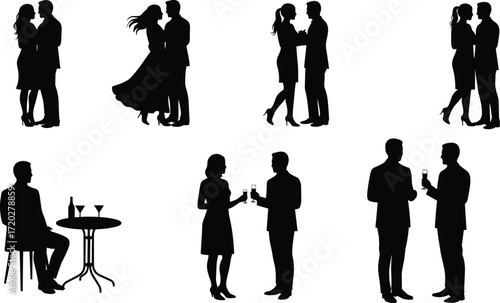 couple, people, dancing, sitting, talking, drinking, romantic, social, interaction, silhouette, black, vector, illustration, relationship, lifestyle, pose, conversation, table, gesture, intimacy