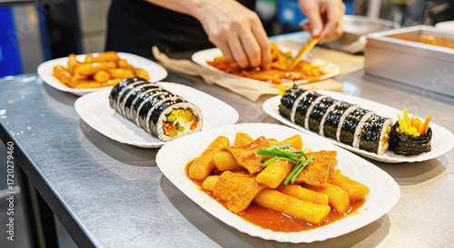 Enjoy delicious Korean street food with spicy tteokbokki and kimbap roll platters