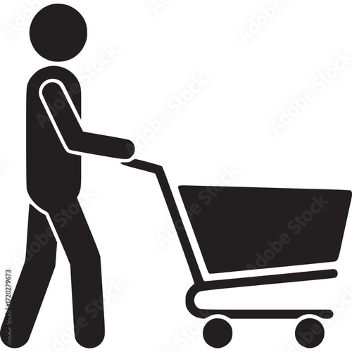 Illustration of a person pushing a shopping cart, isolated on white background symbolizes shopping, retail, consumerism, and the act of purchasing goods
