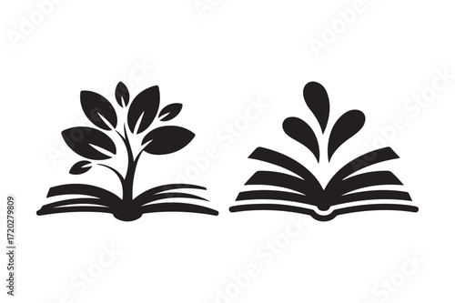 Open books with growing plants and abstract shapes