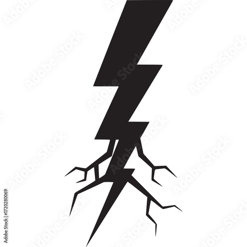 Black lightning bolt with root system isolated on white background a striking symbol of power, energy, and the forces of nature
