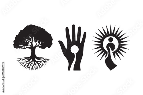 Tree hand and sun yin yang symbols representing nature connection and balance