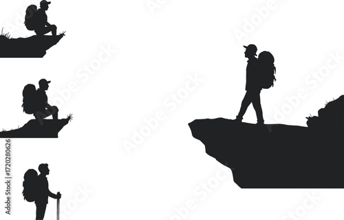 Hiker silhouettes, mountain journey, outdoor adventure, cliff edge pose, backpack traveler, nature exploration, trekking moment, wilderness, scenic illustration