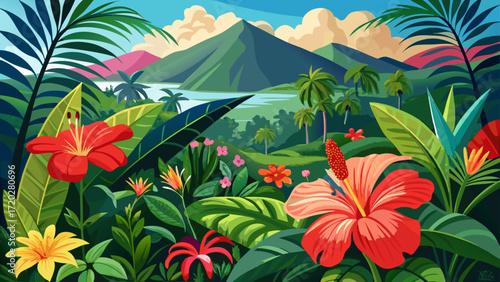 Very beautiful  panoramic view capturing the beauty of Puerto Rican hibiscus, amapola (Thespesia grandiflora), in full bloom amidst the tropical rainforest of El Yunque National Forest, Puerto Rico
