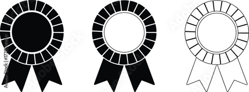 Award ribbon icons, prize badge set, victory symbol, achievement emblem, honor rosette, black and white design, vector illustration, contest winner, recognition award