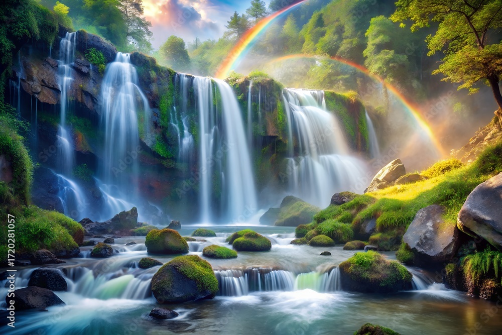 Obraz premium Majestic Waterfall Cascading Through Lush Green Forest with a Vibrant Rainbow