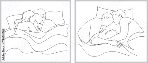 Couple in bed line art, romantic intimacy, minimalist drawing, love and relationship, bedroom scene, vector illustration, abstract couple, one-line design, emotional connection