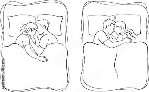 Couple sleeping in bed, romantic intimacy line art, love and relationship, bedroom scene, vector illustration, minimalist drawing, affectionate embrace, cozy night, emotional connection
