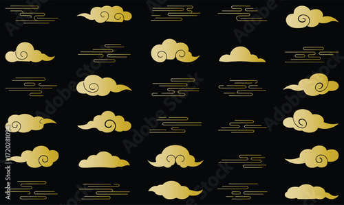 Golden Chinese cloud icons set, traditional oriental design, decorative cloud pattern, Asian art element, vector illustration, cultural symbol, vintage style, festive decoration