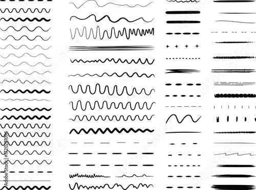 Hand-drawn line patterns set, decorative divider lines, sketch style borders, vector illustration, design elements, artistic strokes, wavy lines, dashed lines