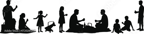 Park gathering silhouettes, family outing, outdoor leisure, picnic scene, children playing, social interaction, nature relaxation, peaceful moment illustration