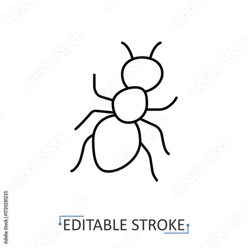An ant icon in minimalist style with editable stroke. Insect symbol, tiny creature, wildlife element, colony insect, nature design, bug outline, small animal, entomology illustration.