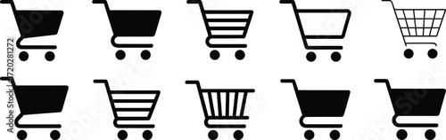 Shopping cart icons collection, black trolley symbols, market basket silhouette set, retail store design, supermarket cart graphic, ecommerce vector illustration