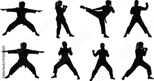 martial, arts, fighter, combat, kick, punch, stance, silhouette, black, vector, illustration, training, discipline, movement, action, pose, athlete, defense, technique, sport