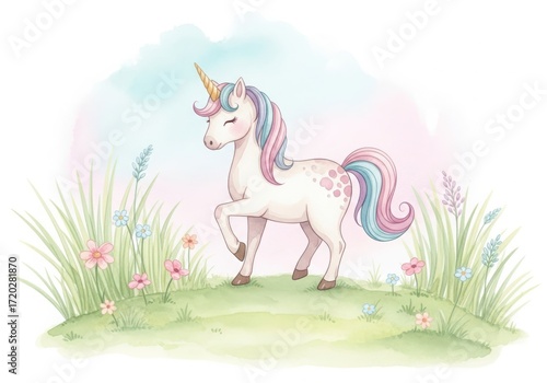 A cute watercolor unicorn with a pink and blue mane and tail stands in a field of grass and flowers with a soft pastel sky background