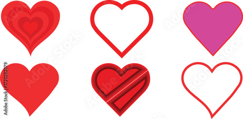 Collection of six red and pink heart shapes for valentines day and love designs vector