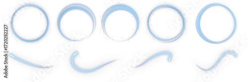 Abstract blue neon swirl light effect with sparkles isolated on transparent background. Shiny luminous curved line trace, glowing trail for futuristic decoration, technology background, or holiday cel